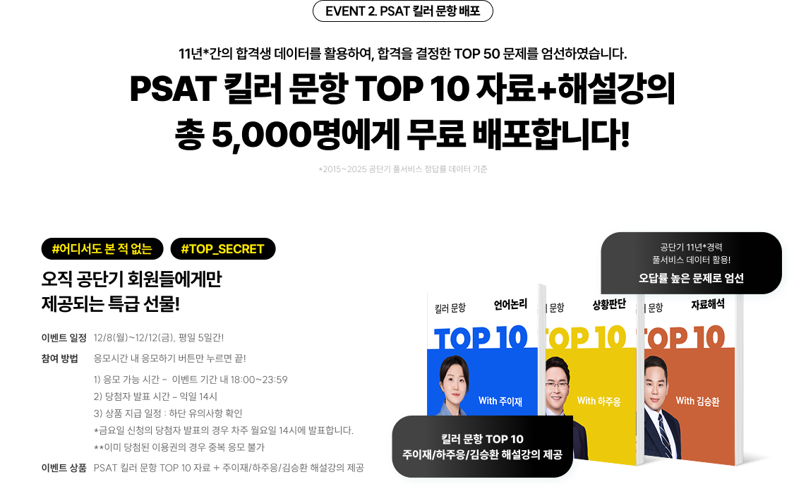 EVENT 2. PSAT 고난도 문제 배포 11년*간의 합격생 데이터를 활용하여, 합격을 결정한 TOP 50 문제를 엄선하였습니다. PSAT 고난도 문제 TOP 25 자료+해설강의 총 5,000명에게 무료 배포합니다!