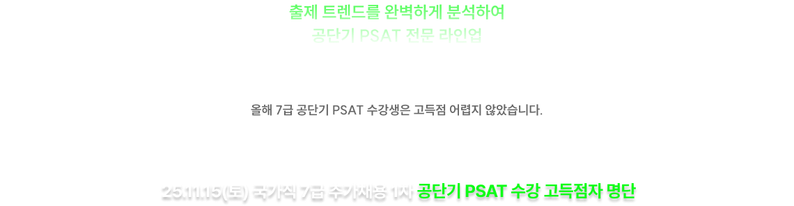 출제 트렌드를 완벽하게 분석하여 공단기 PSAT 전문 라인업 국가직 7급 추가채용 시험 완/벽/적/중 올해 7급 공단기 PSAT 수강생은 고득점 어렵지 않았습니다.