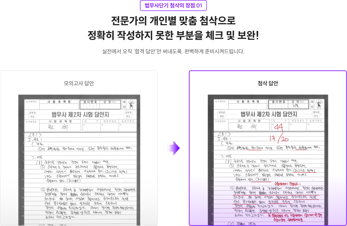 법무사단기 첨삭의 장점 01 전문가의 개인별 맞춤 첨삭으로 정확히 작성하지 못한 부분을 체크 및 보완!
