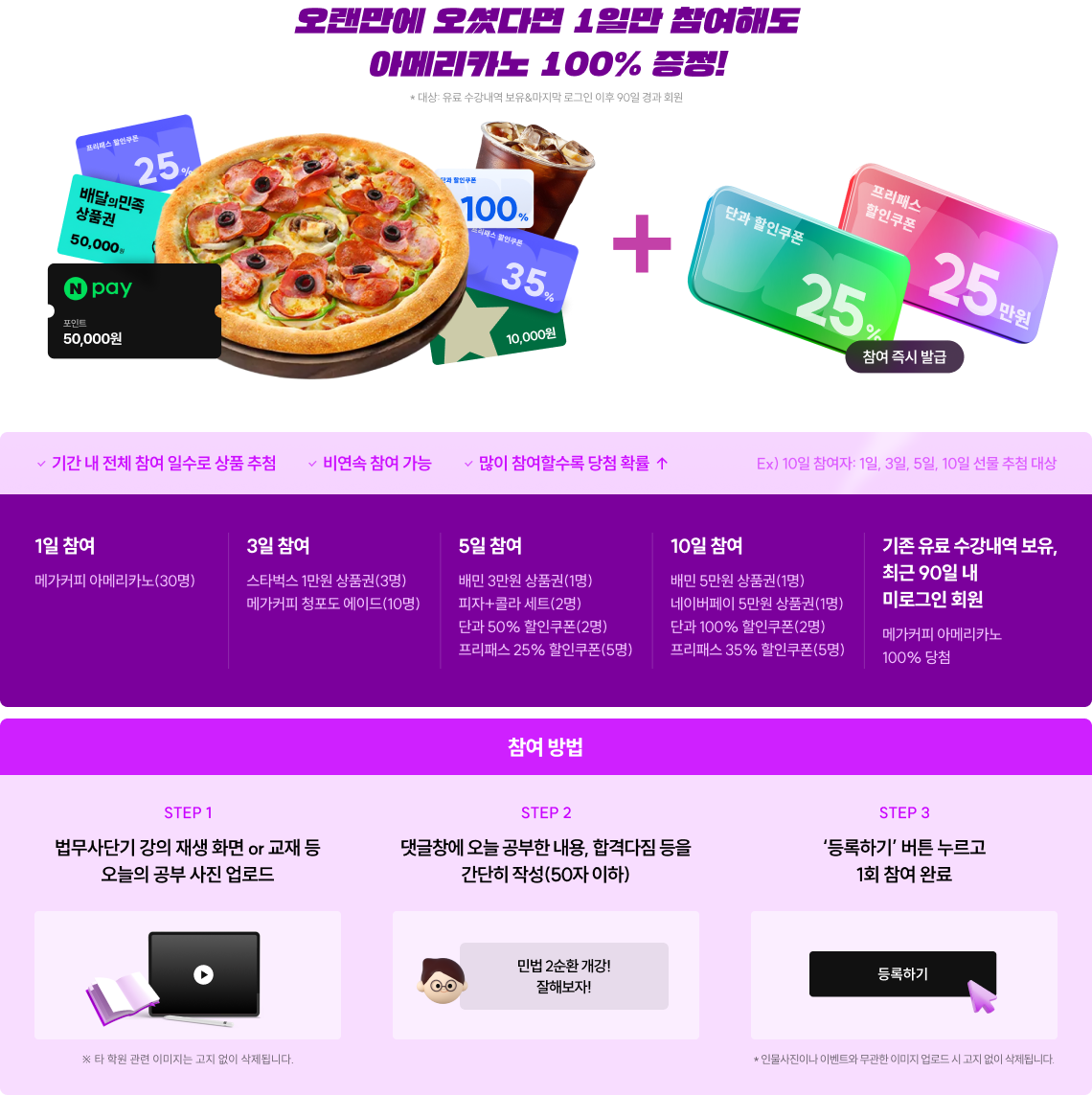 오랜만에 오셨다면 1번만 참여해도 아메리카노 100% 증정!