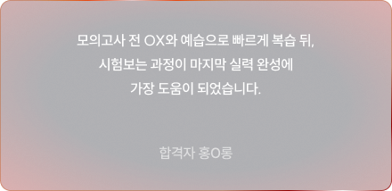 모의고사 전 OX와 예습으로 빠르게 복습 뒤, 시험보는 과정이 마지막 실력 완성에 가장 도움이 되었습니다.