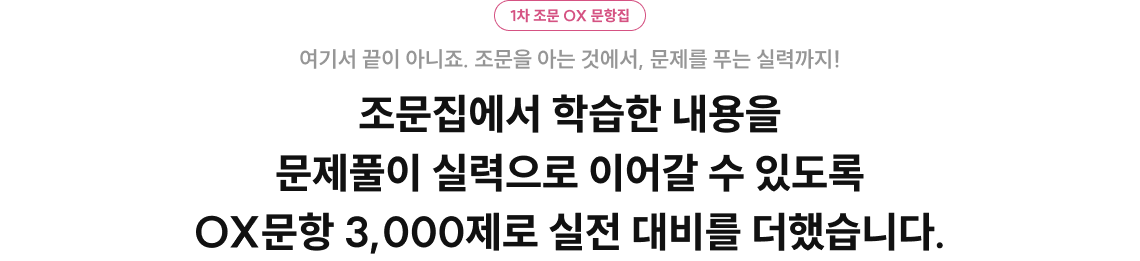 조문집에서 학습한 내용을 문제풀이 실력으로 이어갈 수 있도록 OX문항 3,000제로 실전 대비를 더했습니다.