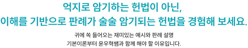 억지로 암기하는 헌법이 아닌, 이해를 기반으로 판례가 술술 암기되는 헌법을 경험해 보세요.