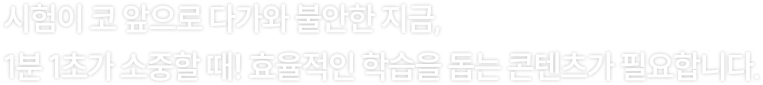 시험이 코 앞으로 다가와 불안한 지금, 1분 1초가 소중할 때! 효율적인 학습을 돕는 콘텐츠가 필요합니다.