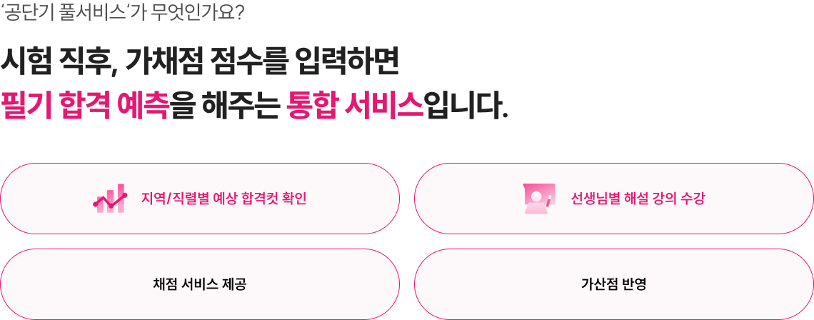 시험 직후, 가채점 점수를 입력하면 필기 합격 예측을 해주는 통합 서비스입니다.