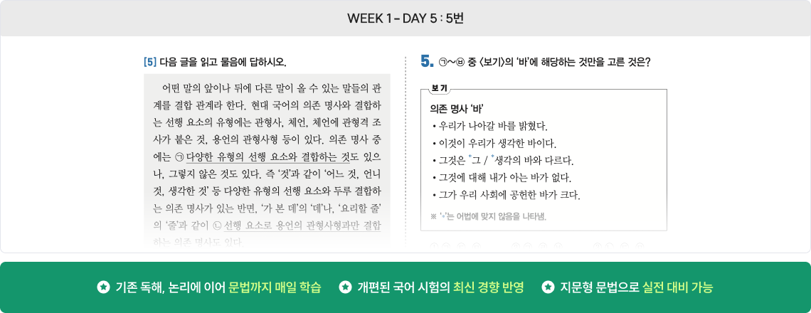 기존 독해, 논리에 이어 문법까지 매일 학습, 개편된 국어 시험의 최신 경향 반영, 지문형 문법으로 실전 대비 가능