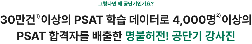 그렇다면 왜 공단기인가요? 30만건  이상의 PSAT 학습 데이터로 4,000명  이상의 PSAT 합격자를 배출한 명불허전! 공단기 강사진
