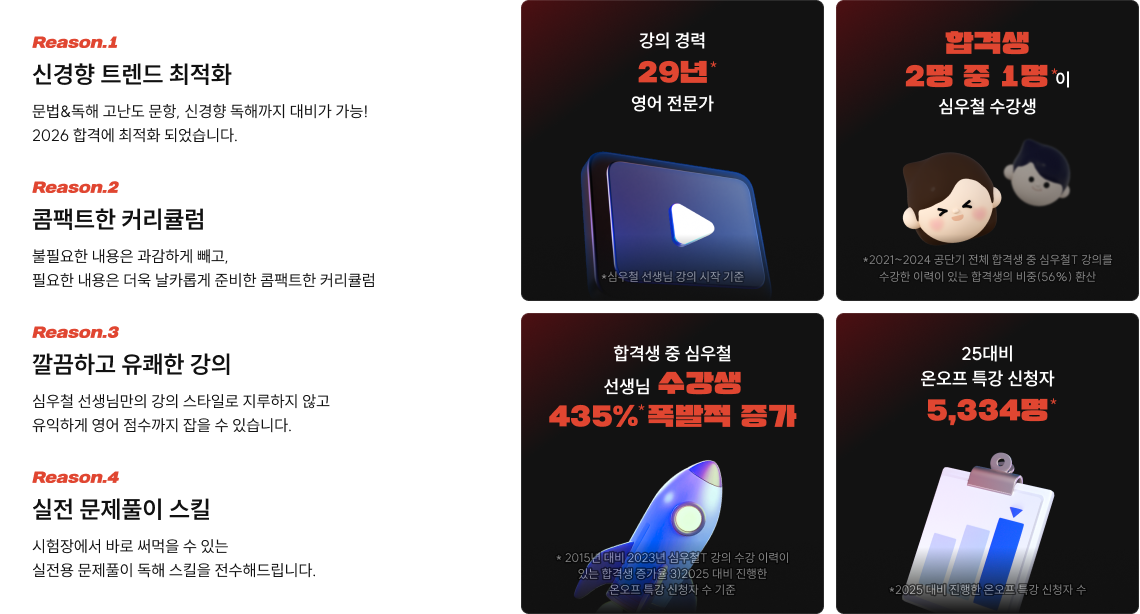 신경향 트렌드 최적화/ 콤팩트한 커리큘럼/ 깔끔하고 유쾌한 강의/ 실전 문제풀이 스킬