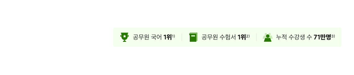 독보적 기준 선재국어 공무원 국어 1위1) 공무원 수험서 1위2) 누적 수강생 수 71만명3) 1) 이선재T 입성~24.03.31까지 전 단기 상품*프리패스, 단과 유/무료 상품 전부 포함) 누적 수강생 수 2) 이선재T 입성~24.03.31까지의 공부서점 교재 판매 건수 3) 이선재T 입성~24.03.31까지 누적 강좌 재생 시간