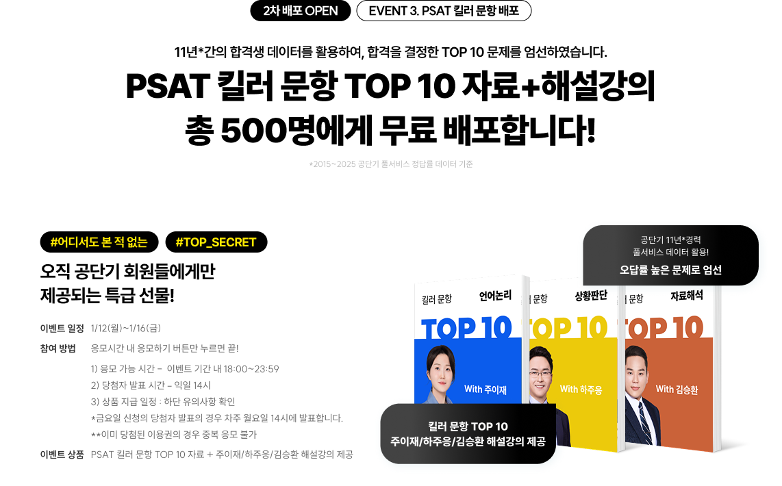 EVENT 2. PSAT 고난도 문제 배포 11년*간의 합격생 데이터를 활용하여, 합격을 결정한 TOP 50 문제를 엄선하였습니다. PSAT 고난도 문제 TOP 25 자료+해설강의 총 5,000명에게 무료 배포합니다!