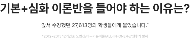 기본+심화 이론반을 들어야 하는 이유는? 앞서 수강했던 27,613명의 학생들에게 물었습니다.* *2012~2013.12기간중 노량진/대구기본이론/all-in-one수강생후기 발췌