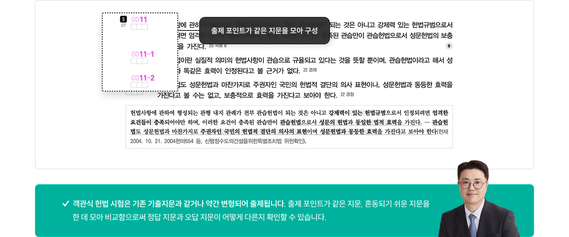 ✓  객관식 헌법 시험은 기존 기출지문과 같거나 약간 변형되어 출제됩니다. 출제 포인트가 같은 지문, 혼동되기 쉬운 지문을 한 데 모아 비교함으로써 정답 지문과 오답 지문이 어떻게 다른지 확인할 수 있습니다.