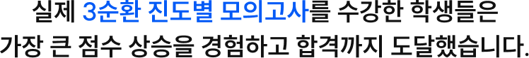 실제 3순환 진도별 모의고사를 수강한 학생들은 가장 큰 점수 상승을 경험하고 합격까지 도달했습니다.