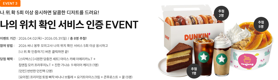 나의 위치 확인 서비스 인증 이벤트, 나위확 5회 이상 응시 시 디저트 경품