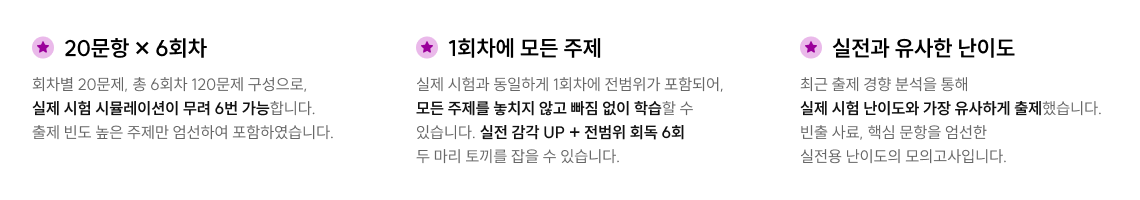 20문항 × 6회차/ 1회차에 모든 주제/ 실전과 유사한 난이도