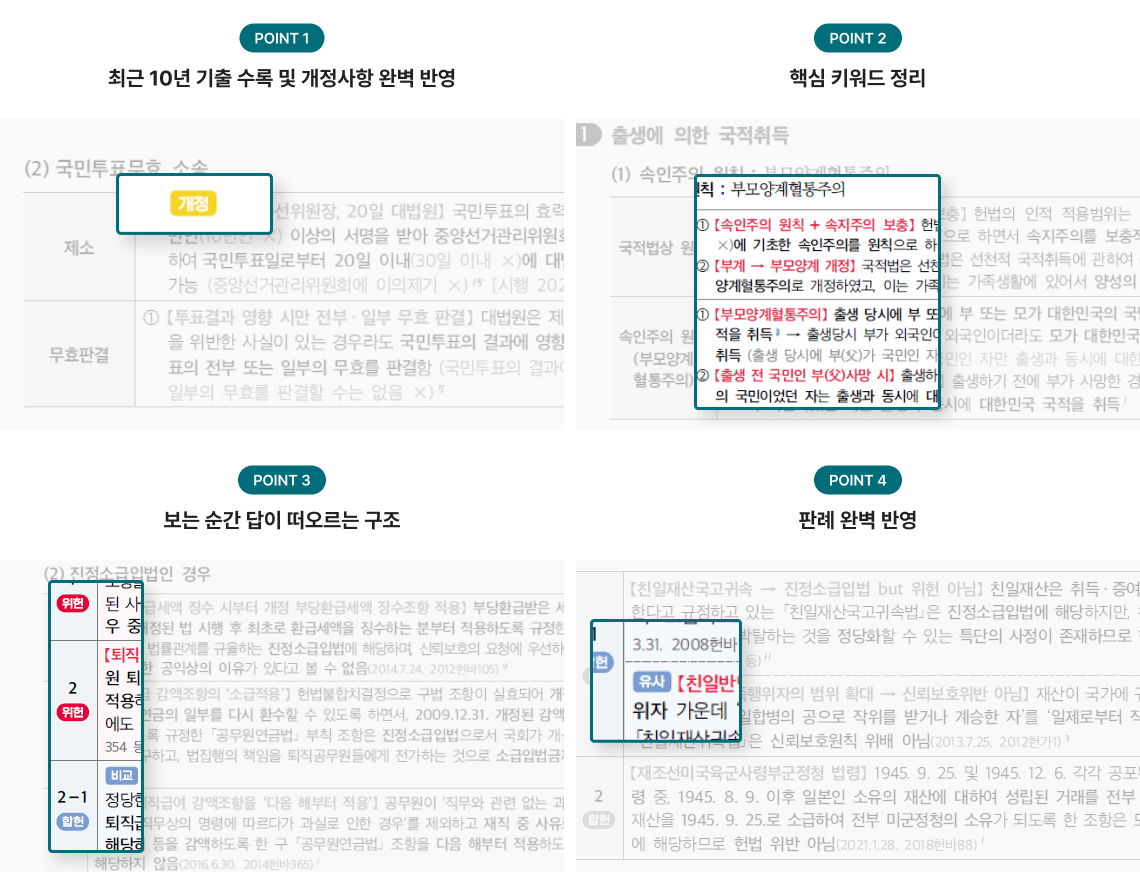 양질의 기출과 최신 개정안 수록 무한 회독에 좋은 압축 기본서 비교 그래픽