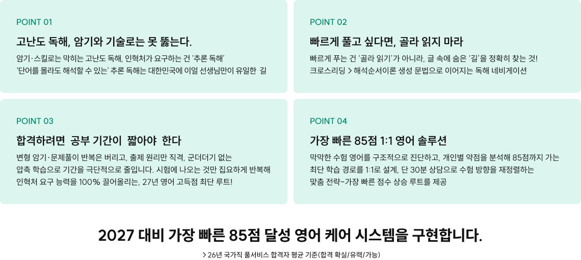 2027 대비 가장 빠른 85점 달성 영어 케어 시스템을 구현합니다.