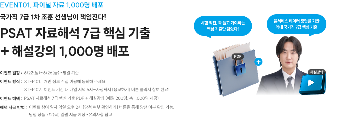 국가직 7급 1차 조훈 선생님이 책임진다! PSAT 자료해석 7급 핵심 기출 + 해설강의 1,000명 배포