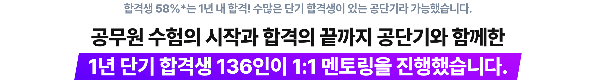공단기 수험의 시작과 합격의 끝까지 공단기와 함꼐한 1년 단기 합격생 136인이 1:1 멘토링을 진행했습니다.