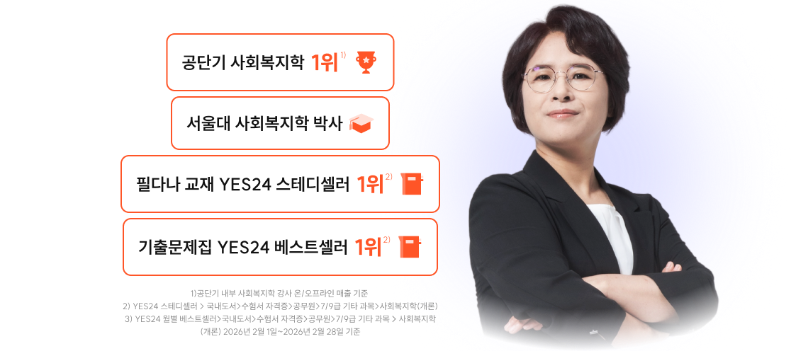 공단기 사회복지학 1위, 필다나 교재 YES24 스테디셀러 1위, 기출문제집 YES24 베스트셀러 1위