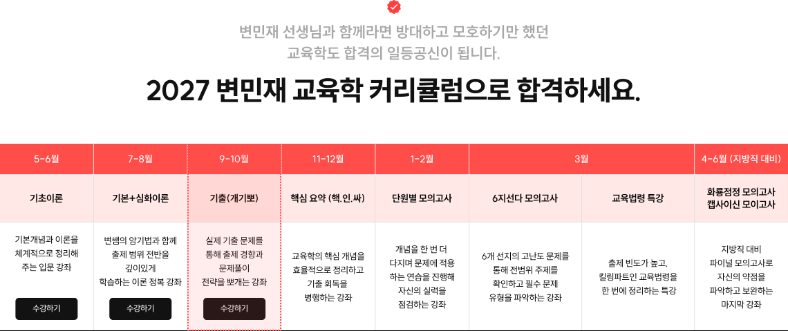 변민재 선생님과 함께라면 방대하고 모호하기만 했던 교육학도 합격의 일등공신이 됩니다. 2027 변민재 교육학 커리큘럼으로 합격하세요.