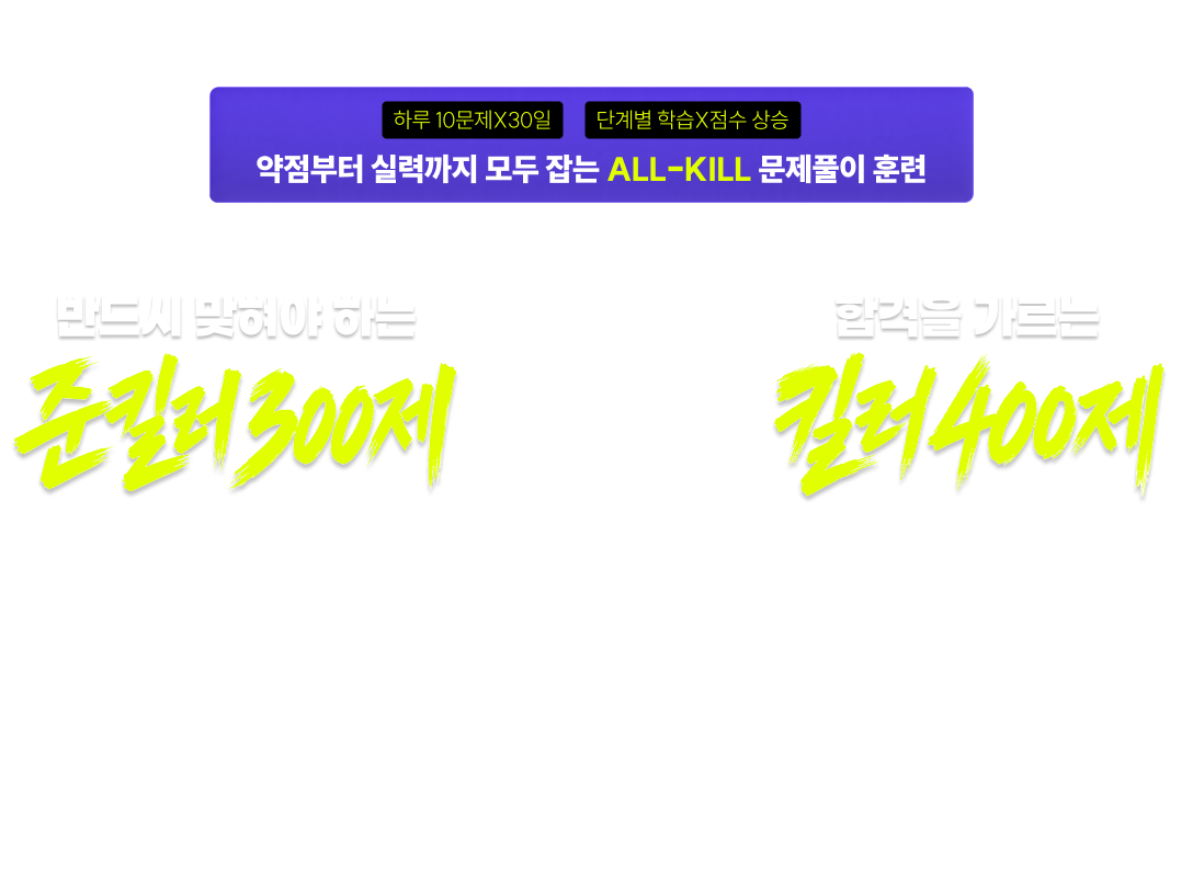 약점부터 실력까지 모두 잡는 ALL-KILL 문제풀이 훈련  반드시 맞혀야 하는 준킬러 300제 / 합격을 가르는 킬러  400제