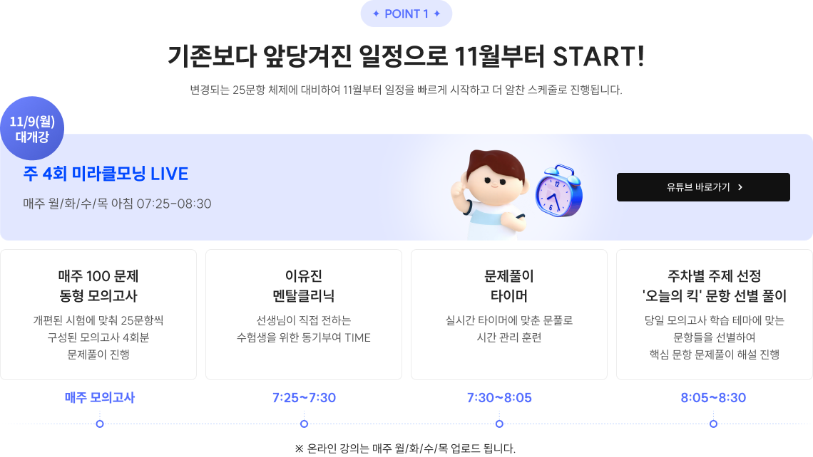 POINT 1 기존보다 앞당겨진 일정으로 11월부터 START!​ 변경되는 25문항 체제에 대비하여 11월부터 일정을 빠르게 시작하고 더 알찬 스케줄로 진행됩니다.​