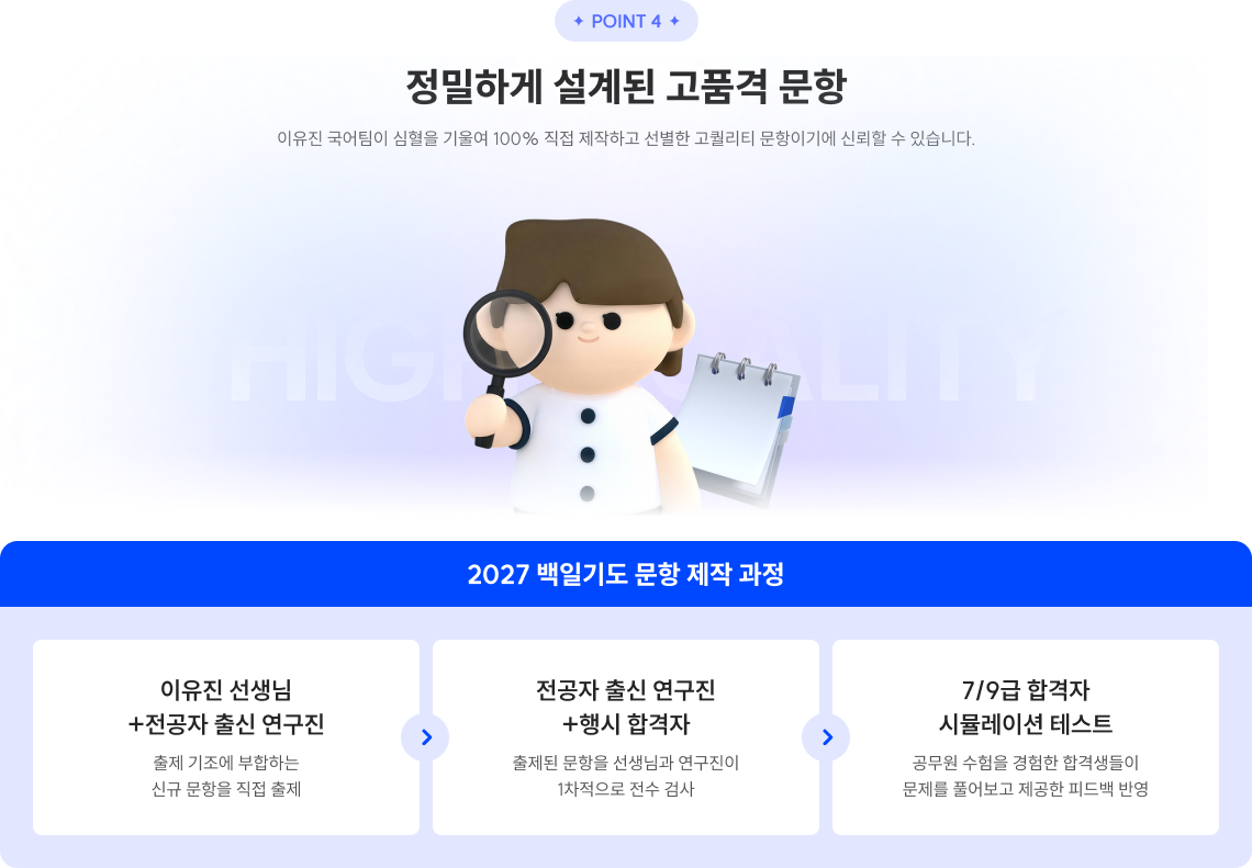 POINT 4 정밀하게 설계된 고품격 문항 이유진 국어팀이 심혈을 기울여 100% 직접 제작하고 선별한 고퀄리티 문항이기에 신뢰할 수 있습니다.
