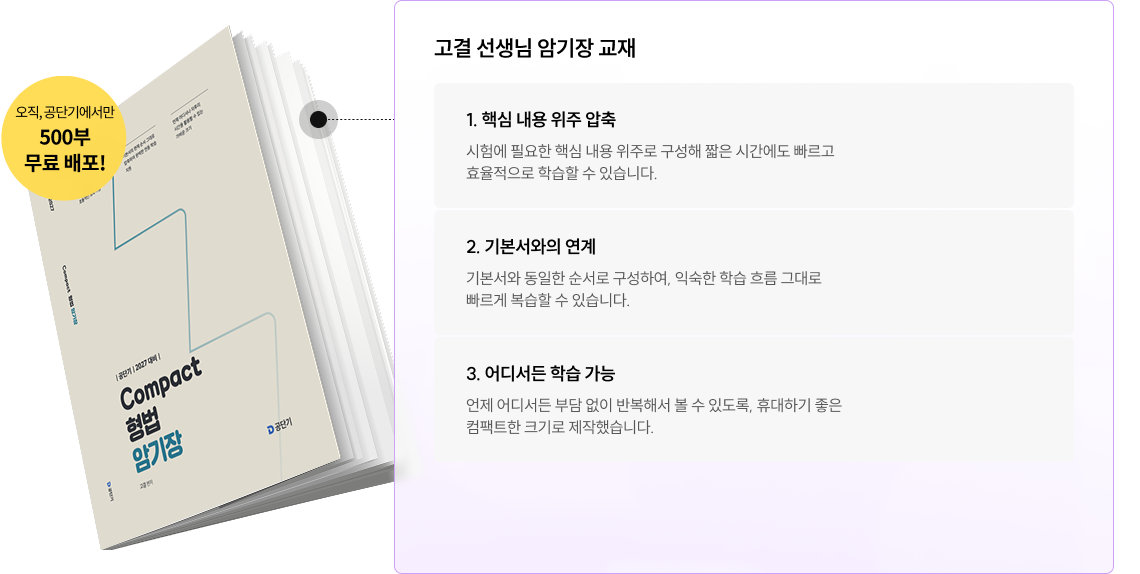 고결 선생님 암기장 교재 1. 핵심 내용 위주 압축 2. 기본서와의 연계 3. 어디서든 학습 가능