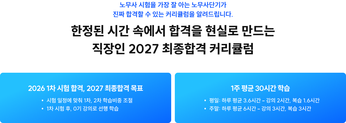 노무사 시험을 가장 잘 아는 노무사단기가 진짜 합격할 수 있는 커리큘럼을 알려드립니다. 한정된 시간 속에서 합격을 현실로 만드는 직장인 2027 최종합격 커리큘럼