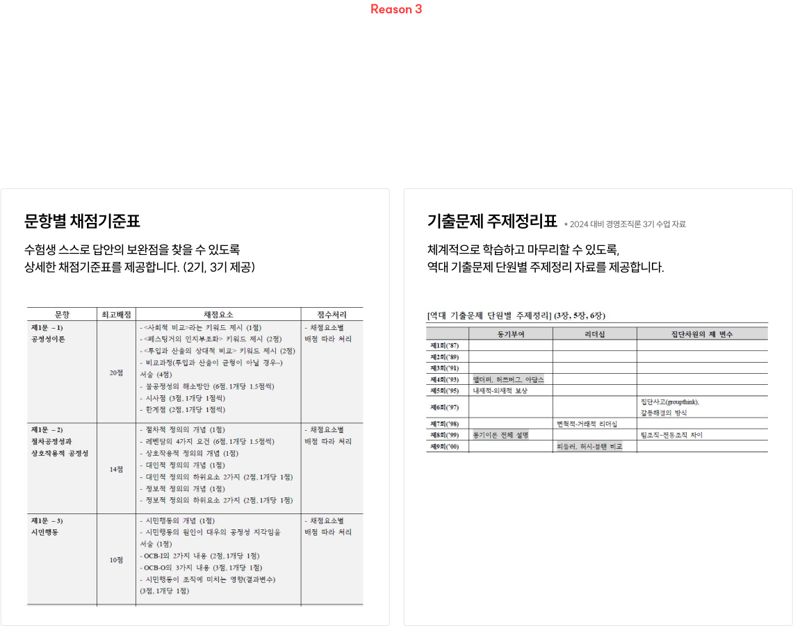 Reason 3 마무리까지 빈틈 없게! 스스로 점검하는 힘을 기르고 남들보다 앞서갈 수 있게 해드립니다. 2기, 3기 모의고사 연습 과정 문항별 채점기준표 & 가점 팁 제공 *일부 문제 한정