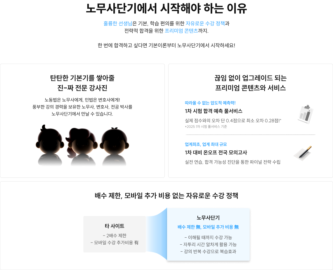 훌륭한 선생님은 기본, 학습 편의를 위한 자유로운 수강 정책과
                전략적 합격을 위한 프리미엄 콘텐츠까지.
                한 번에 합격하고 싶다면 기본이론부터 노무사단기에서 시작하세요!