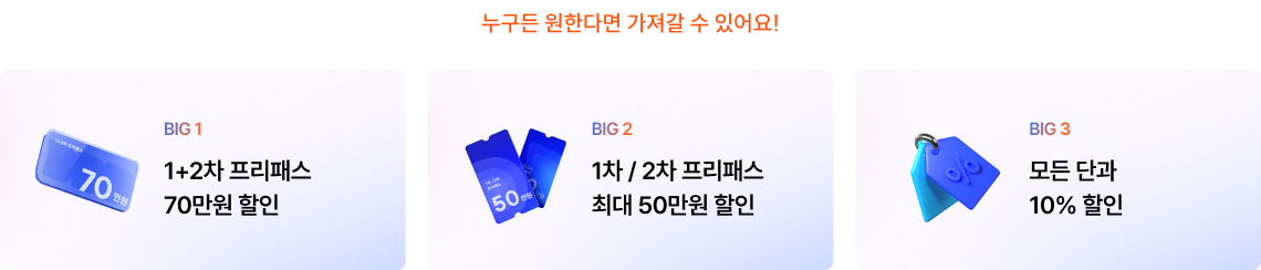 모든 단과 20% 할인 / 1+2차 프리패스 70만원 할인 / 1차, 2차 프리패스 최대 50만원 할인