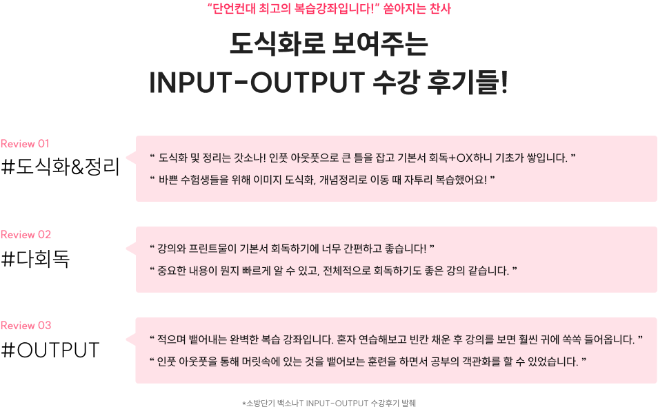 “단언컨대 최고의 복습강좌입니다!” 쏟아지는 찬사 도식화로 보여주는 INPUT-OUTPUT 수강 후기들! 혹시, 이런 고민 하고 있지는 않았나요?!