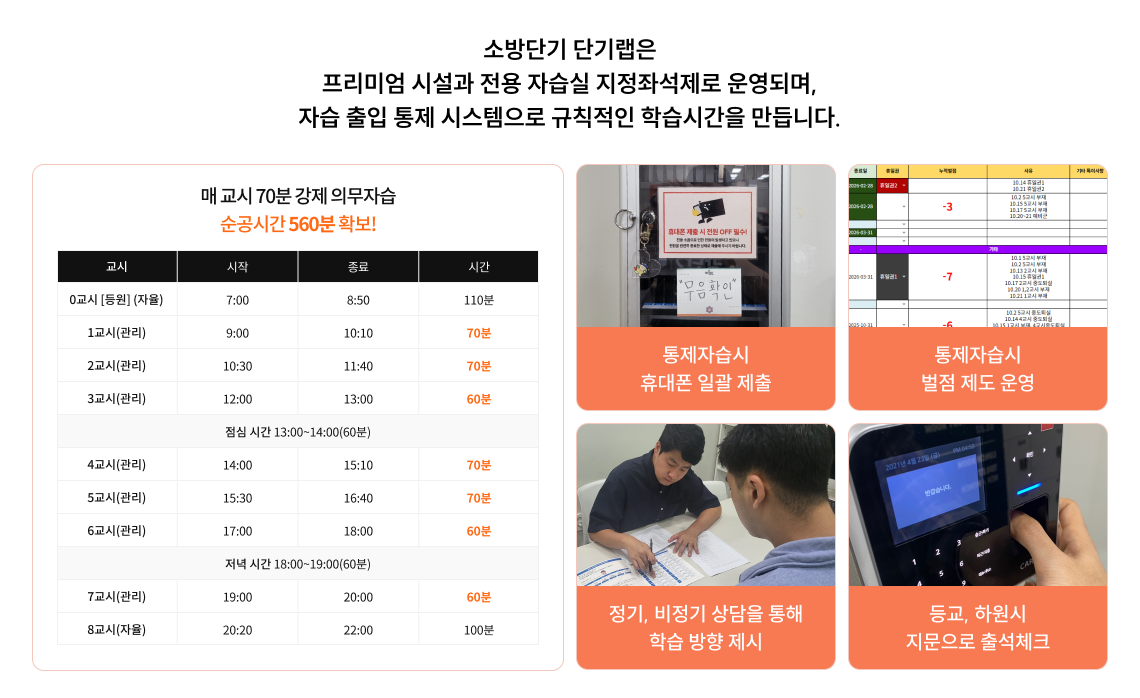 소방단기 단기랩은 프리미엄 시설과 전용 자습실 지정좌석제로 운영되며, 자습 출입 통제 시스템으로 규칙적인 학습시간을 만듭니다.