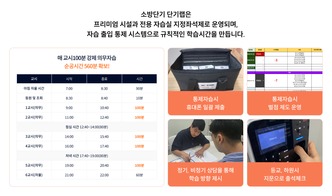 소방단기 단기랩은 프리미엄 시설과 전용 자습실 지정좌석제로 운영되며, 자습 출입 통제 시스템으로 규칙적인 학습시간을 만듭니다.
