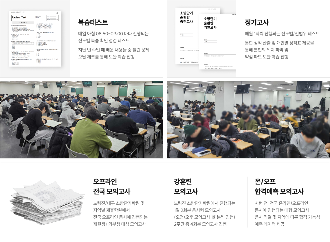 복습테스트, 정기고사, 오프라인 전국모의고사, 강훈련 모의고사