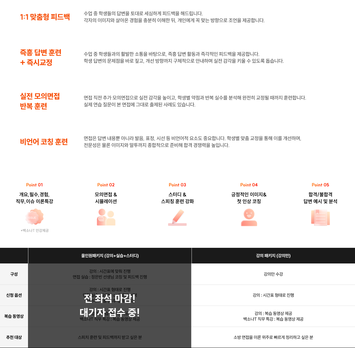 1:1 맞춤형 피드백, 즉흥 답변 훈련+즉시교정, 실전 모의면접 반복 훈련, 비언어 코칭 훈련