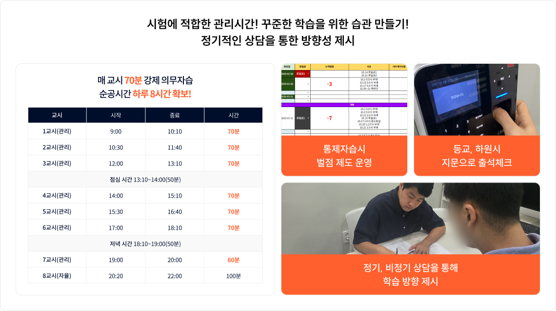 시험에 적합한 관리시간! 꾸준한 학습을 위한 습관 만들기! 정기적인 상담을 통한 방향성 제시