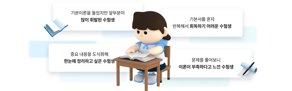 이미지 설명 : 책상에 앉아 책장을 넘기는 여자의 모습. / 1. 기본이론을 들었지만 앞부분이 많이 휘발된 수험생, 2.기본서를 혼자 반복해서 회독하기 어려운 수험생, 3. 중요 내용을 도식화해 한눈에 정리하고 싶은 수험생, 4. 문제를 풀어보니 이론이 부족하다고 느낀 수험생