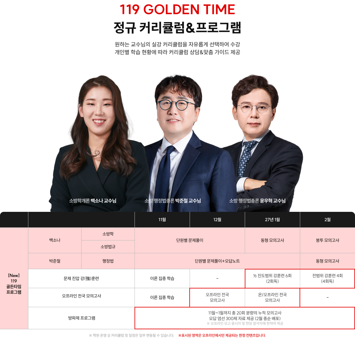 119 GOLDEN TIME 정규 커리큘럼&프로그램 원하는 교수님의 실강 커리큘럼을 자유롭게 선택하여 수강 개인별 학습 현황에 따라 커리큘럼 상담&맞춤 가이드 제공