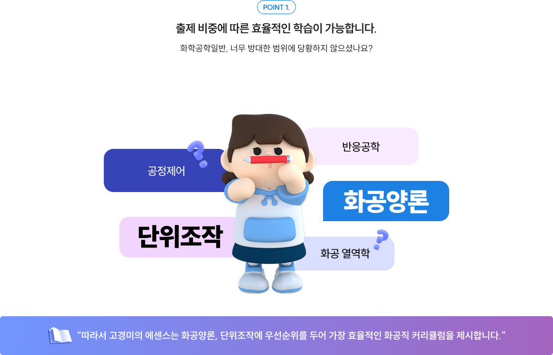 POINT 1. 출제 비중에 따른 효율적인 학습이 가능합니다. 하지만! 화학공학일반은 대부분 화공양론과 단위조작 파트에서 출제됩니다.