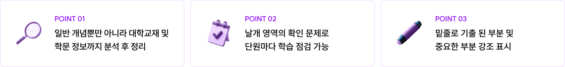 POINT 01 일반 개념뿐만 아니라 대학교재 및 학문 정보까지 분석 후 정리 / POINT 02 날개 영역의 확인 문제로 단원마다 학습 점검 가능 / POINT 03 밑줄로 기출 된 부분 및 중요한 부분 강조 표시