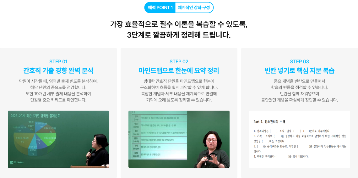 매력 POINT 1 체계적인 강좌 구성 독보적인 김헌경의 간호직NEW 복습 콘텐츠 가장 효율적으로 필수 이론을 복습할 수 있도록, 3단계로 깔끔하게 정리해 드립니다.