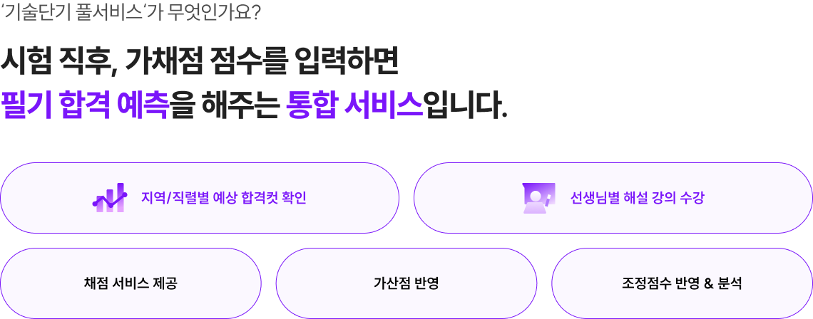 시험 직후, 가채점 점수를 입력하면 필기 합격 예측을 해주는 통합 서비스입니다.