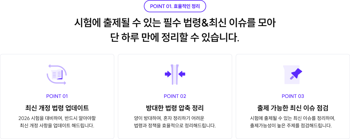 시험에 출제될 수 있는 필수 법령&최신 이슈를 모아 단 하루 만에 정리할 수 있습니다.
