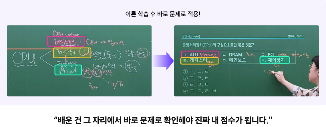 "배운 건 그 자리에서 바로 문제로 확인해야 진짜 내 점수가 됩니다."